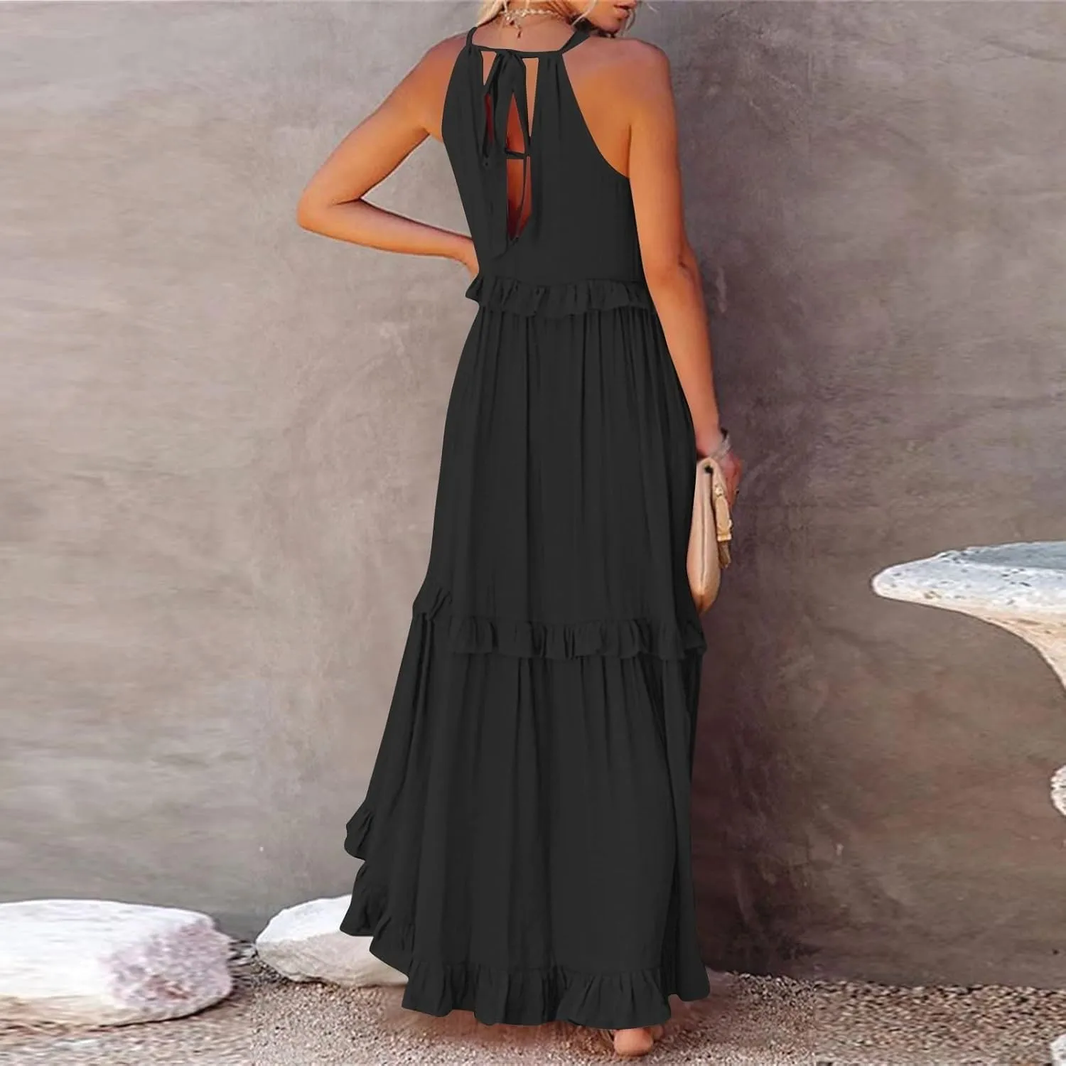 Sundresses for Women 2025 Sleeveless Summer Boho Beach Maxi Dress Tiered Pleated Flowy Swing Halter Church Long Dress