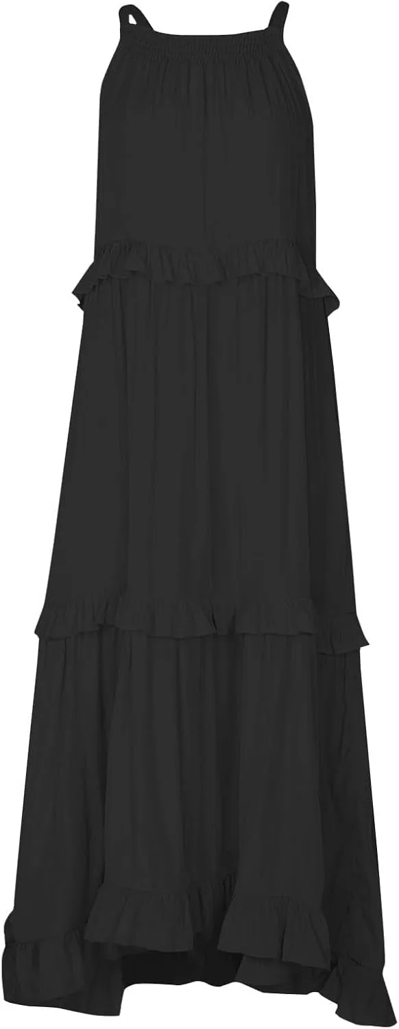 Sundresses for Women 2025 Sleeveless Summer Boho Beach Maxi Dress Tiered Pleated Flowy Swing Halter Church Long Dress