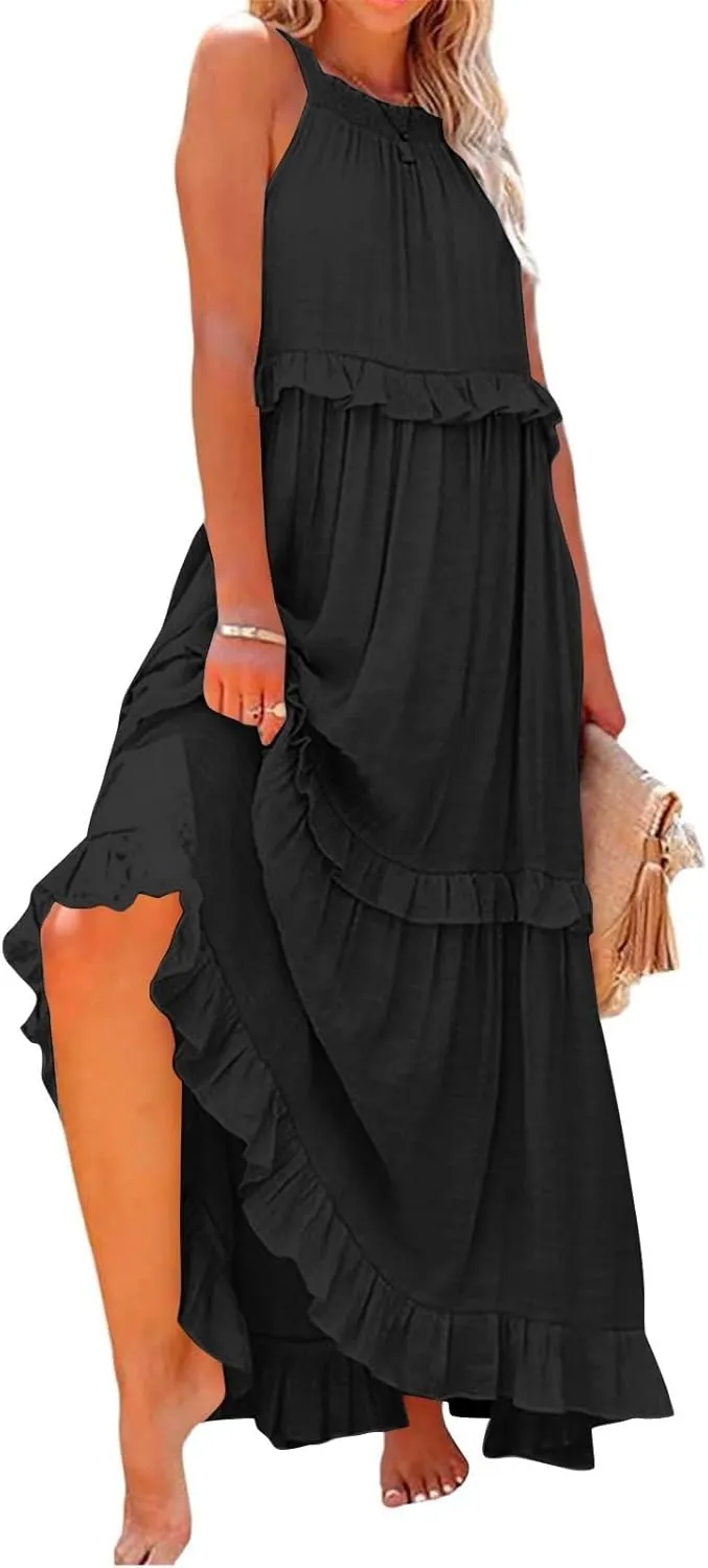 Sundresses for Women 2025 Sleeveless Summer Boho Beach Maxi Dress Tiered Pleated Flowy Swing Halter Church Long Dress