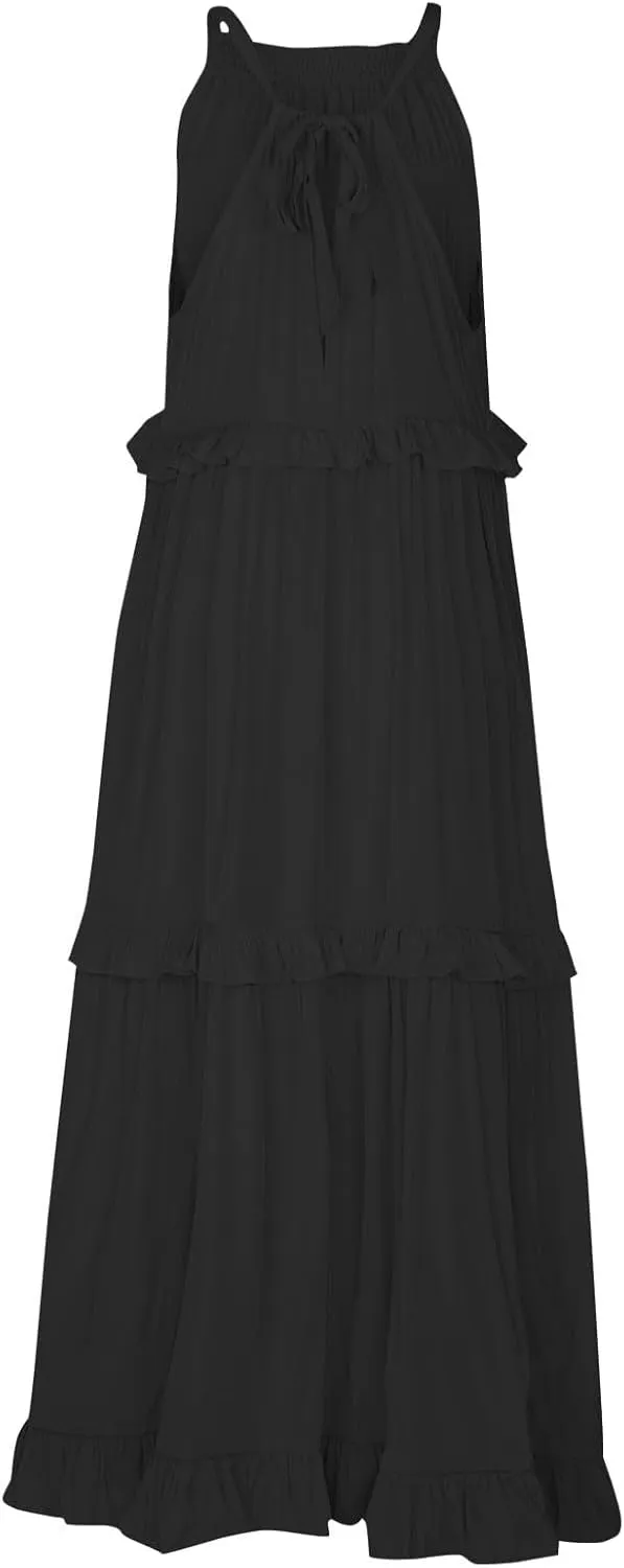 Sundresses for Women 2025 Sleeveless Summer Boho Beach Maxi Dress Tiered Pleated Flowy Swing Halter Church Long Dress