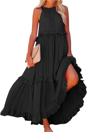 Sundresses for Women 2025 Sleeveless Summer Boho Beach Maxi Dress Tiered Pleated Flowy Swing Halter Church Long Dress