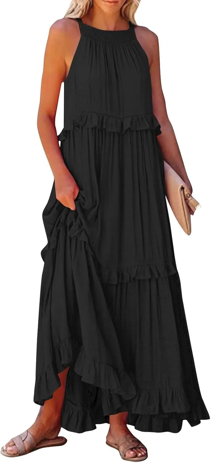 Sundresses for Women 2025 Sleeveless Summer Boho Beach Maxi Dress Tiered Pleated Flowy Swing Halter Church Long Dress