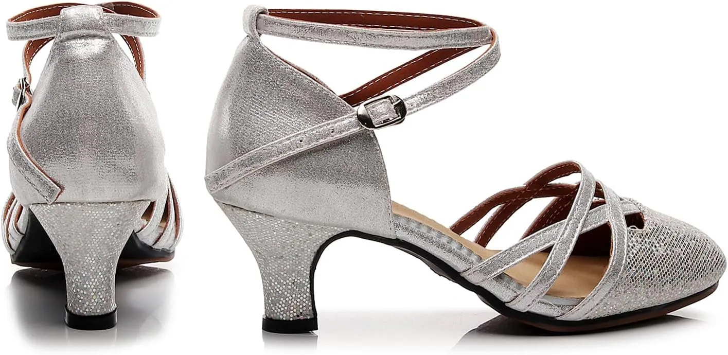 SWDZM Closed Toe Latin Dance Shoes Glitter Women Latin Dance Shoes Closed Toe Ballroom Dancing Shoes