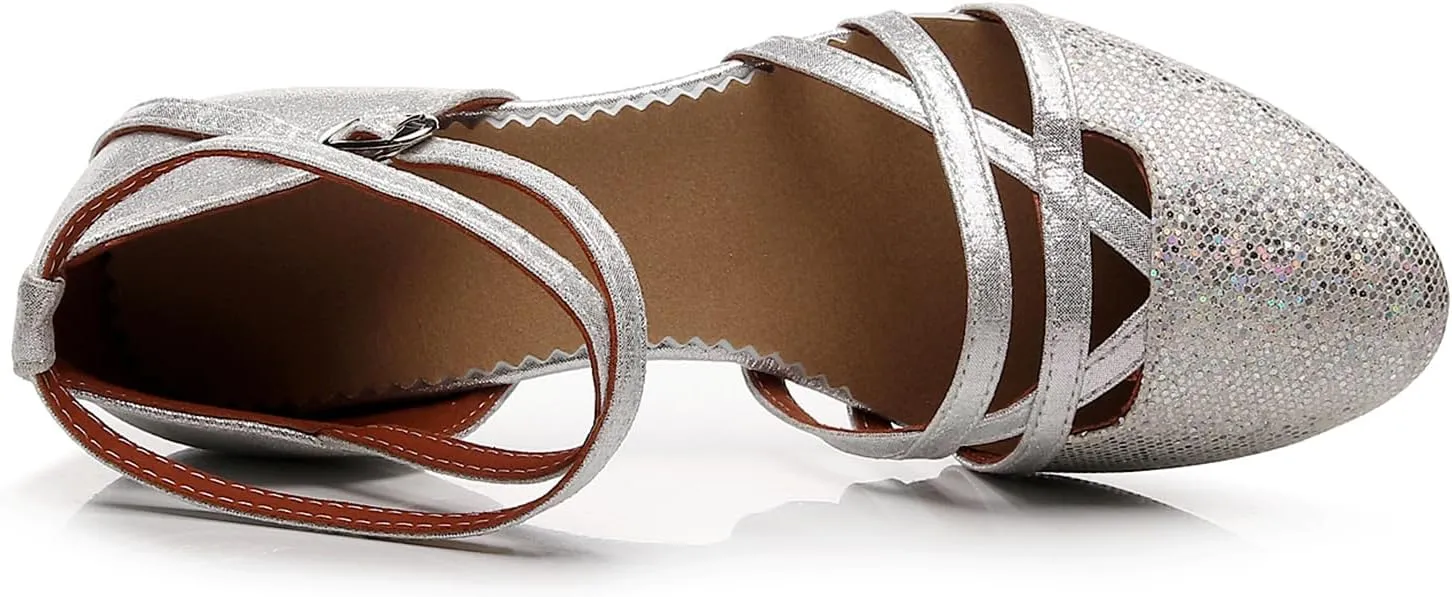 SWDZM Closed Toe Latin Dance Shoes Glitter Women Latin Dance Shoes Closed Toe Ballroom Dancing Shoes