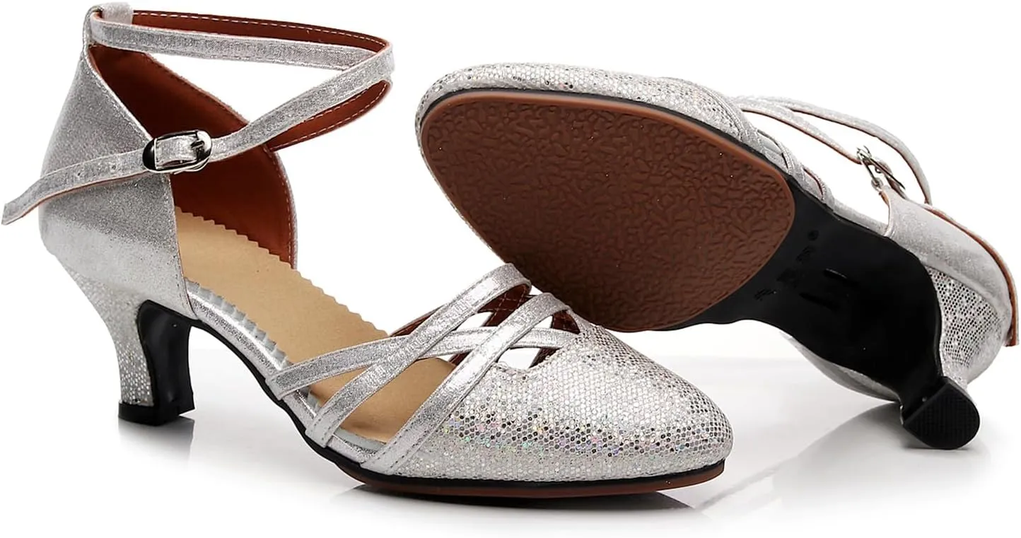 SWDZM Closed Toe Latin Dance Shoes Glitter Women Latin Dance Shoes Closed Toe Ballroom Dancing Shoes