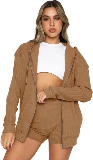 Sweat Sets for Women 2 Piece Oversized Zip Up Hoodies Matching Shorts Fall outfits 2023 Trendy Sweatsuit Sets with Pocket