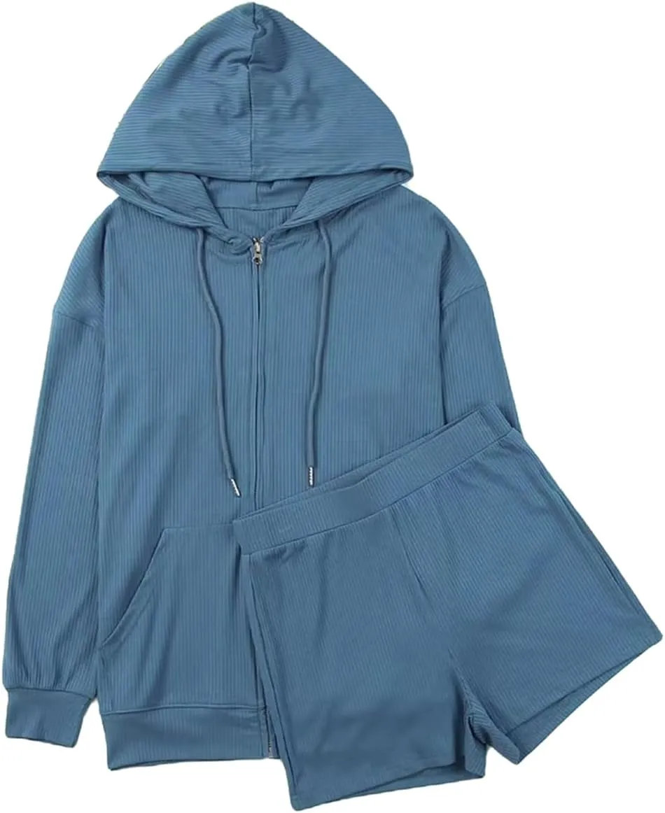 Sweat Sets for Women 2 Piece Oversized Zip Up Hoodies Matching Shorts Fall outfits 2023 Trendy Sweatsuit Sets with Pocket