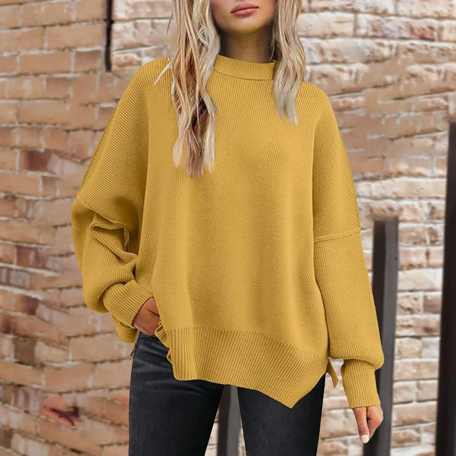 Sweaters for Women Chunky Knit Round Neck Solid Color Long Sleeve Loose Fit Casual Soft Sweaters Tops