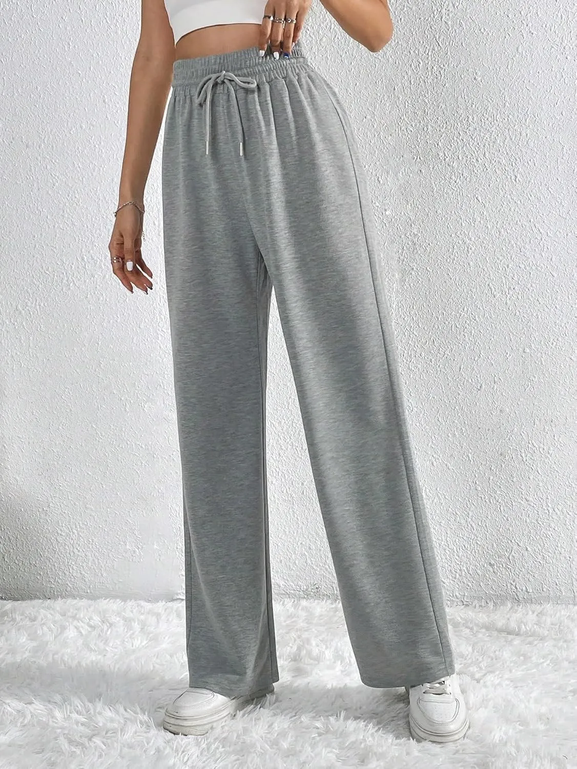 SweatyRocks Women's High Drawstring Waist Sweatpants Wide Leg Soild Loose Long Jogger Trousers