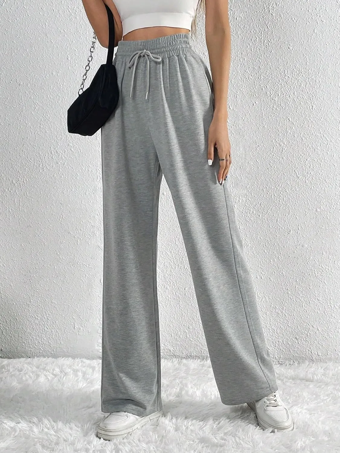 SweatyRocks Women's High Drawstring Waist Sweatpants Wide Leg Soild Loose Long Jogger Trousers
