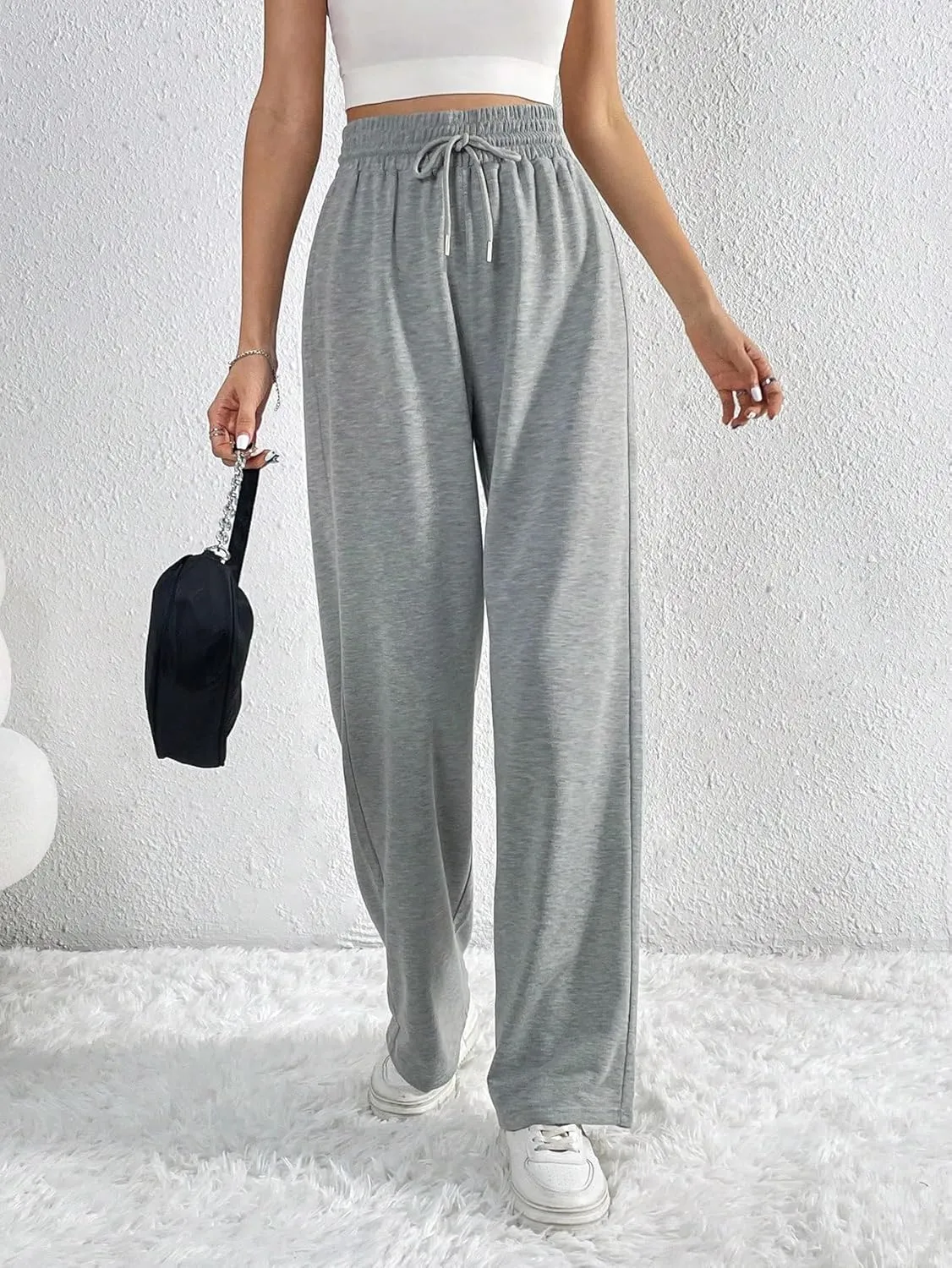 SweatyRocks Women's High Drawstring Waist Sweatpants Wide Leg Soild Loose Long Jogger Trousers