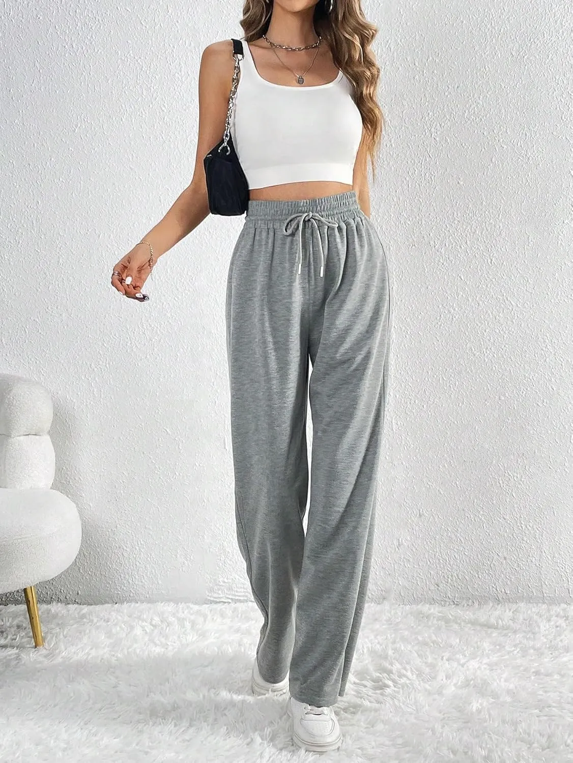 SweatyRocks Women's High Drawstring Waist Sweatpants Wide Leg Soild Loose Long Jogger Trousers