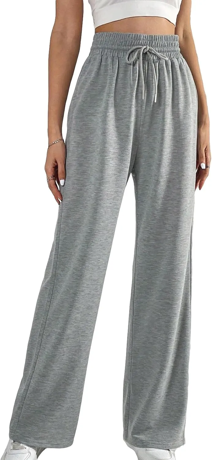 SweatyRocks Women's High Drawstring Waist Sweatpants Wide Leg Soild Loose Long Jogger Trousers