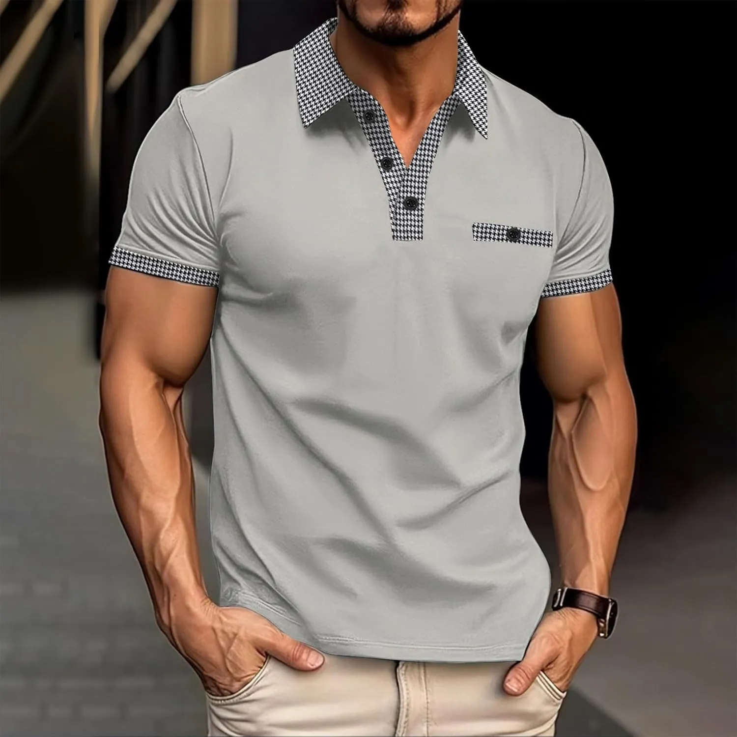 T Shirts for Man Lapel Thousands of Bird Grid Pockets Casual Top T Shirt Mens Golf Shirts Casual Classic Lightweight