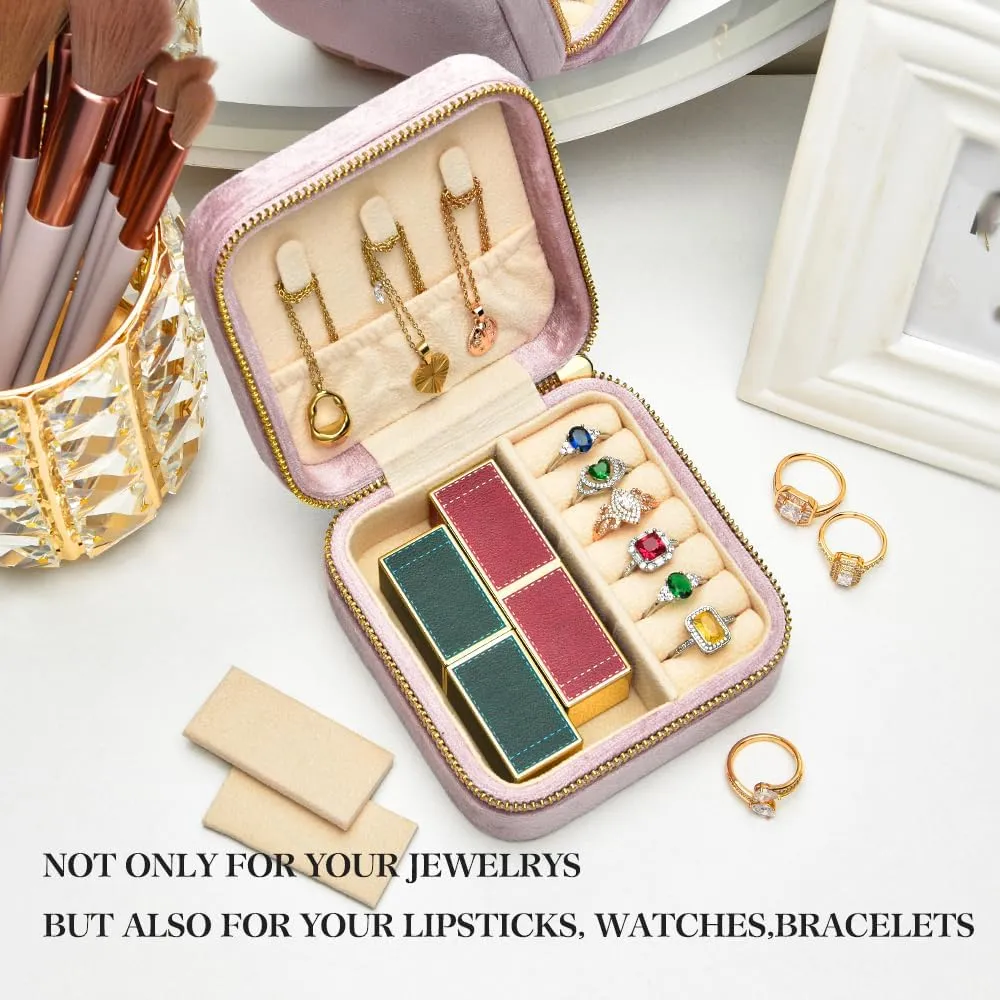 TAIMY Plush Velvet Jewelry Box, Small Travel Jewelry Case, Portable Mini Jewelry Travel Organizer Boxes for Rings Earrings Necklaces Bracelets(Pink Lavender,No Mirror)