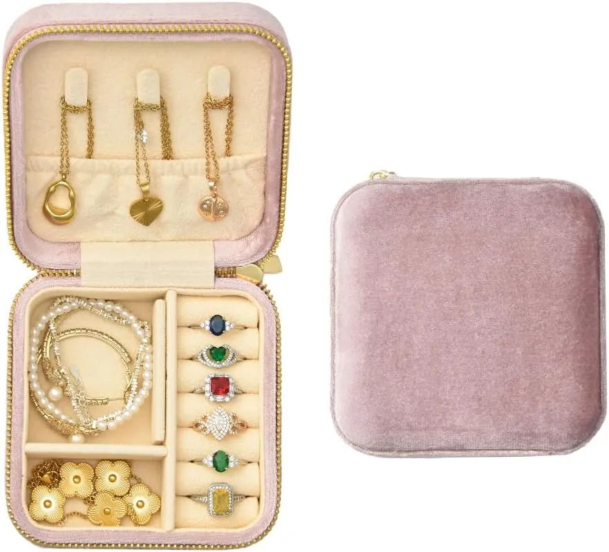 TAIMY Plush Velvet Jewelry Box, Small Travel Jewelry Case, Portable Mini Jewelry Travel Organizer Boxes for Rings Earrings Necklaces Bracelets(Pink Lavender,No Mirror)