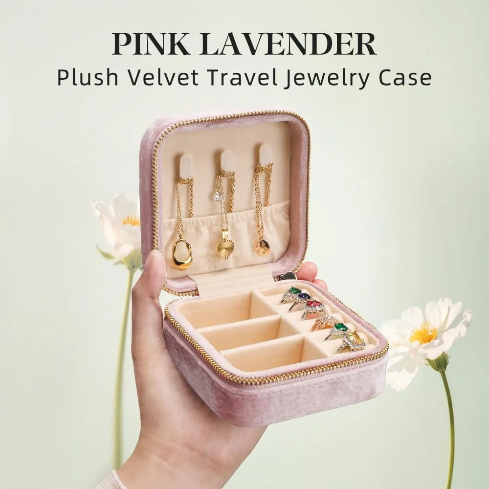 TAIMY Plush Velvet Jewelry Box, Small Travel Jewelry Case, Portable Mini Jewelry Travel Organizer Boxes for Rings Earrings Necklaces Bracelets(Pink Lavender,No Mirror)