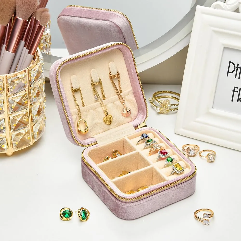 TAIMY Plush Velvet Jewelry Box, Small Travel Jewelry Case, Portable Mini Jewelry Travel Organizer Boxes for Rings Earrings Necklaces Bracelets(Pink Lavender,No Mirror)