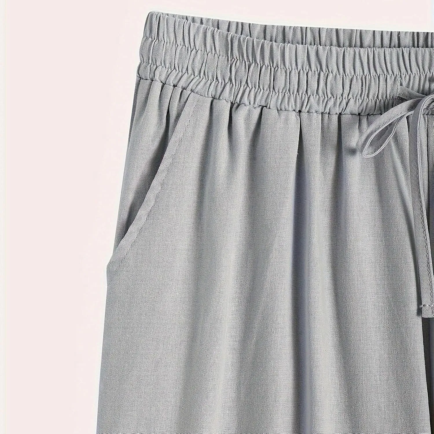 TANGNADE Women's Summer Casual Linen Pants Elastic Waist Relaxed Fit Drawstring Leg Crop Pants Beach Trousers with Pockets