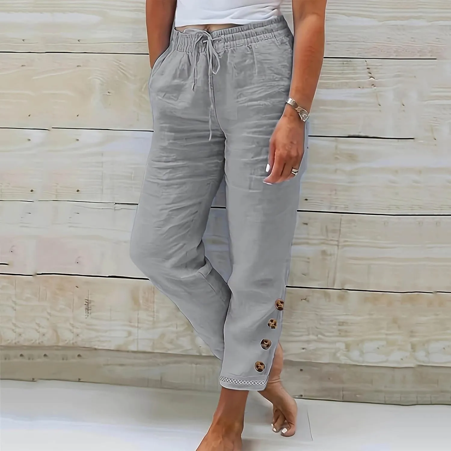 TANGNADE Women's Summer Casual Linen Pants Elastic Waist Relaxed Fit Drawstring Leg Crop Pants Beach Trousers with Pockets