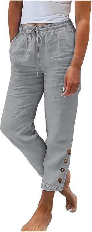 TANGNADE Women's Summer Casual Linen Pants Elastic Waist Relaxed Fit Drawstring Leg Crop Pants Beach Trousers with Pockets