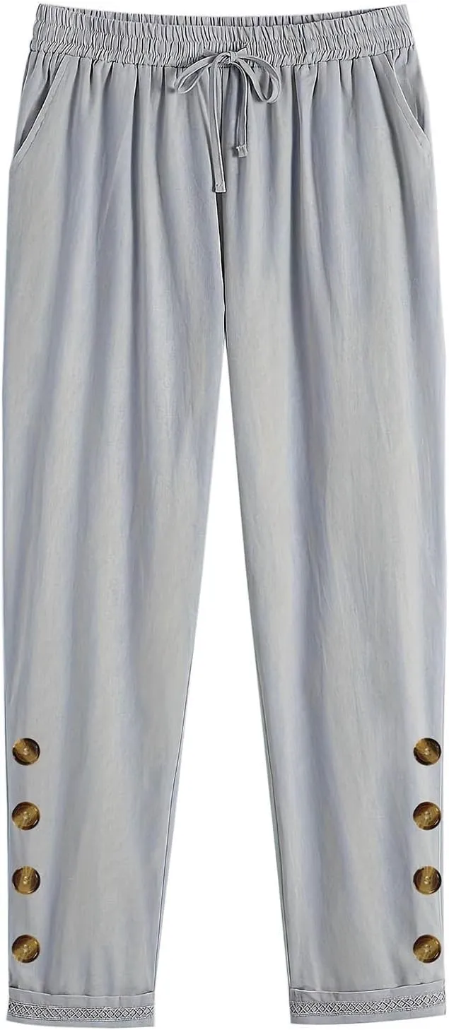 TANGNADE Women's Summer Casual Linen Pants Elastic Waist Relaxed Fit Drawstring Leg Crop Pants Beach Trousers with Pockets
