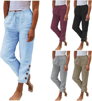 TANGNADE Women's Summer Casual Linen Pants Elastic Waist Relaxed Fit Drawstring Leg Crop Pants Beach Trousers with Pockets