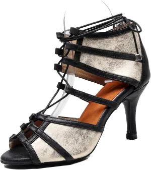 TDA Women's Comfort Stiletto Heel Lace-up Rubber Sole Beige Mesh Synthetic Tango Prom Modern Dance Shoes Wedding Party Sandals