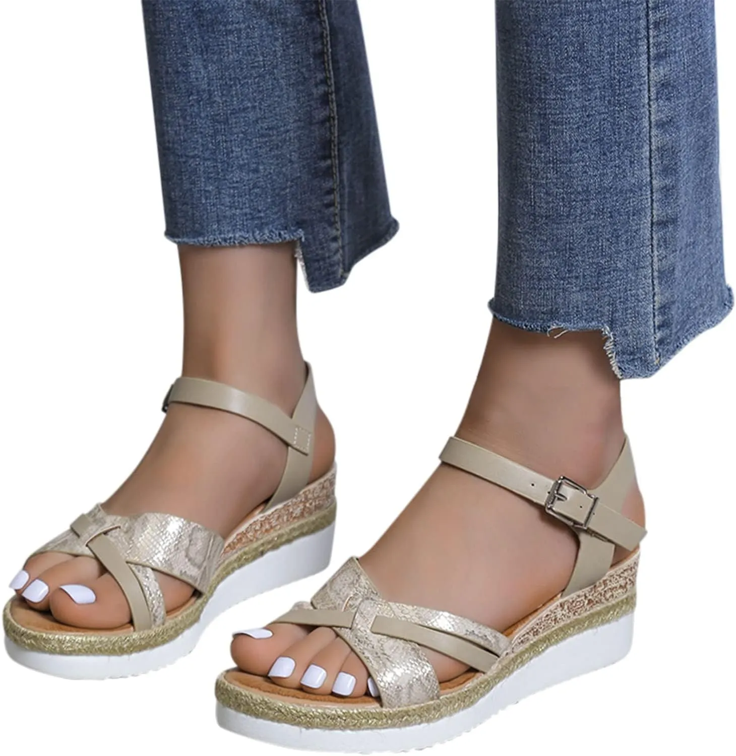 Thick Wedge Sandals, Open Toe Wide Width Sandals for Women Orthopedic Shoes Ladies Walking Sandal with Adjustable Ankle Strappy Office Work Shoes Espadrilles Wedges Beach Sandal