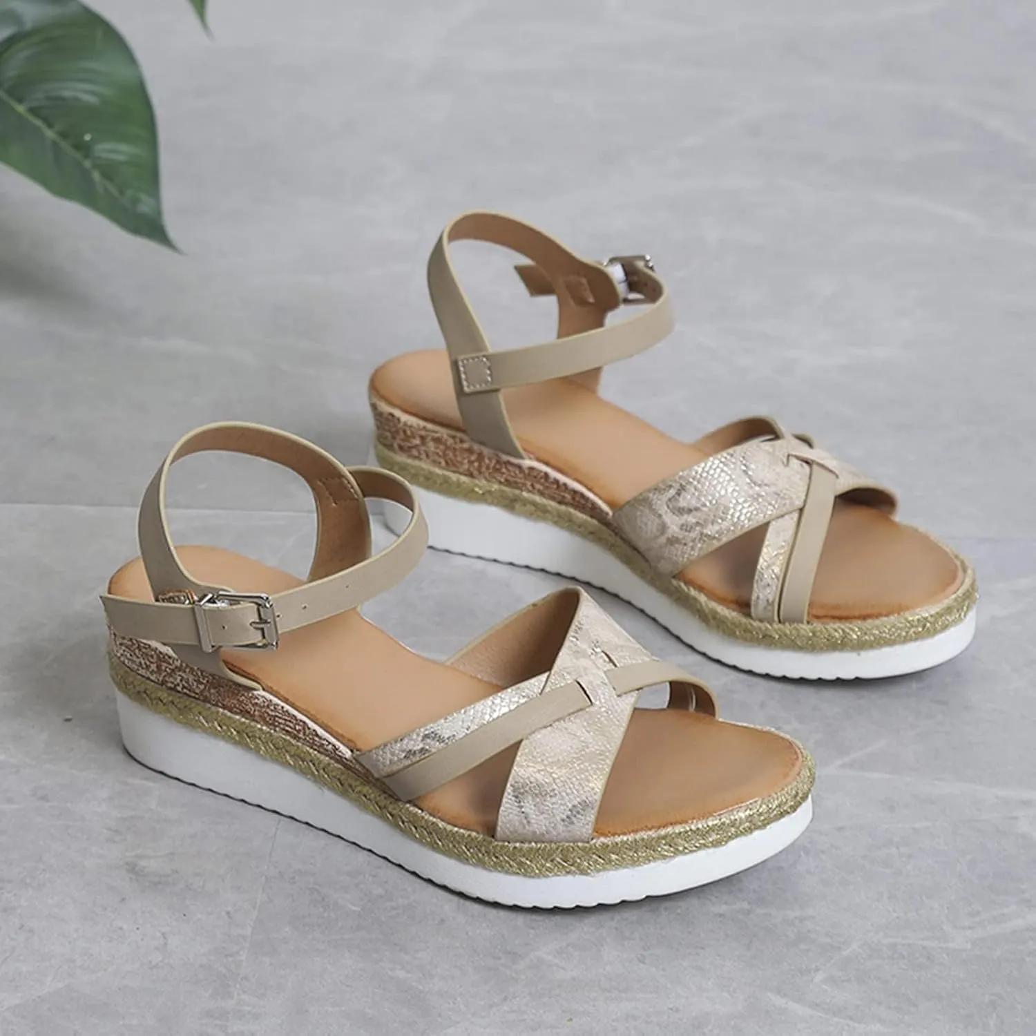 Thick Wedge Sandals, Open Toe Wide Width Sandals for Women Orthopedic Shoes Ladies Walking Sandal with Adjustable Ankle Strappy Office Work Shoes Espadrilles Wedges Beach Sandal