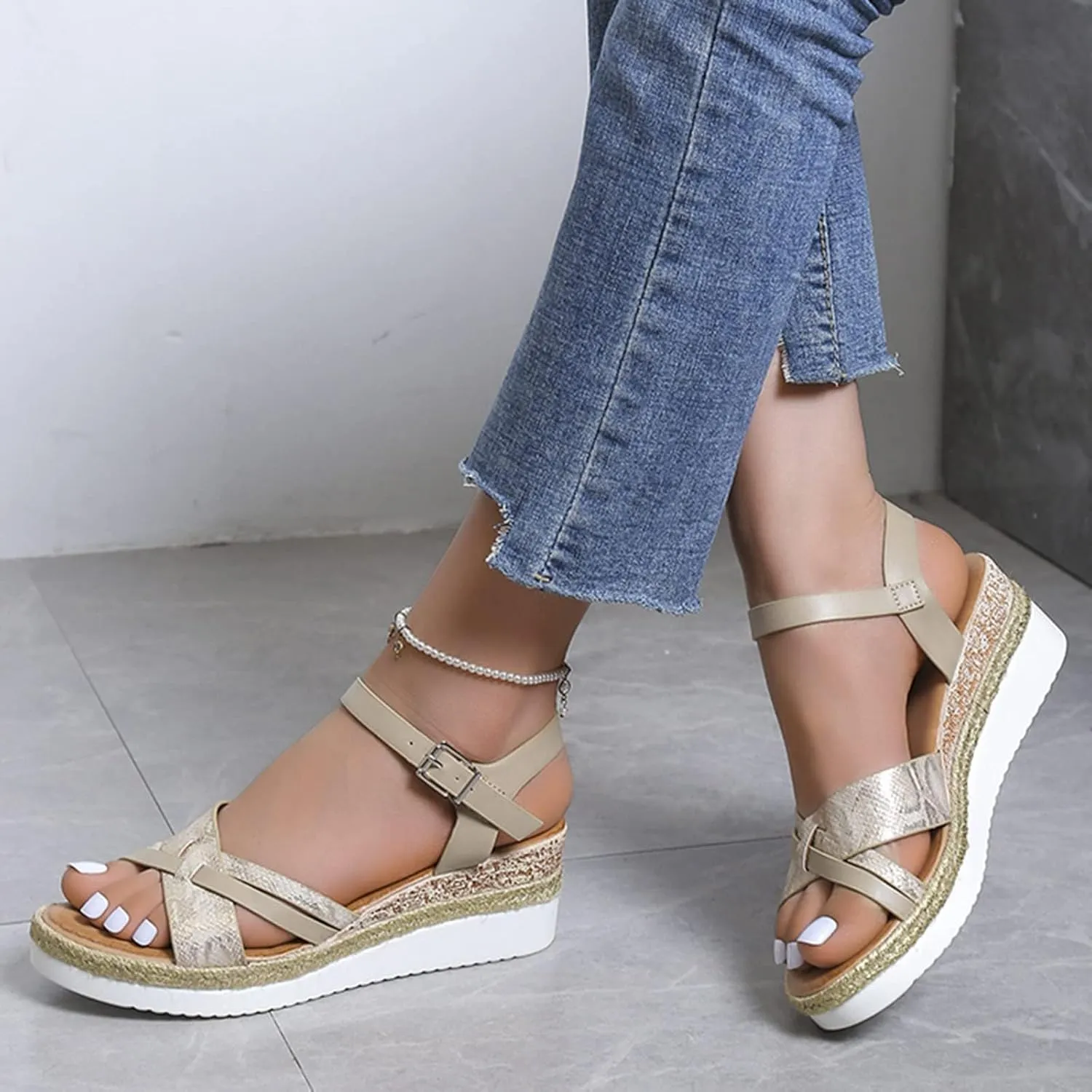 Thick Wedge Sandals, Open Toe Wide Width Sandals for Women Orthopedic Shoes Ladies Walking Sandal with Adjustable Ankle Strappy Office Work Shoes Espadrilles Wedges Beach Sandal