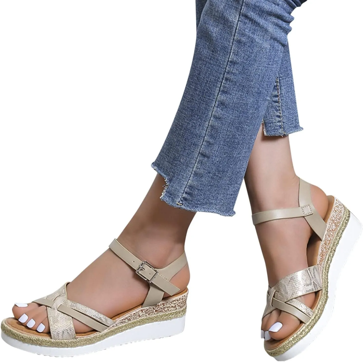 Thick Wedge Sandals, Open Toe Wide Width Sandals for Women Orthopedic Shoes Ladies Walking Sandal with Adjustable Ankle Strappy Office Work Shoes Espadrilles Wedges Beach Sandal