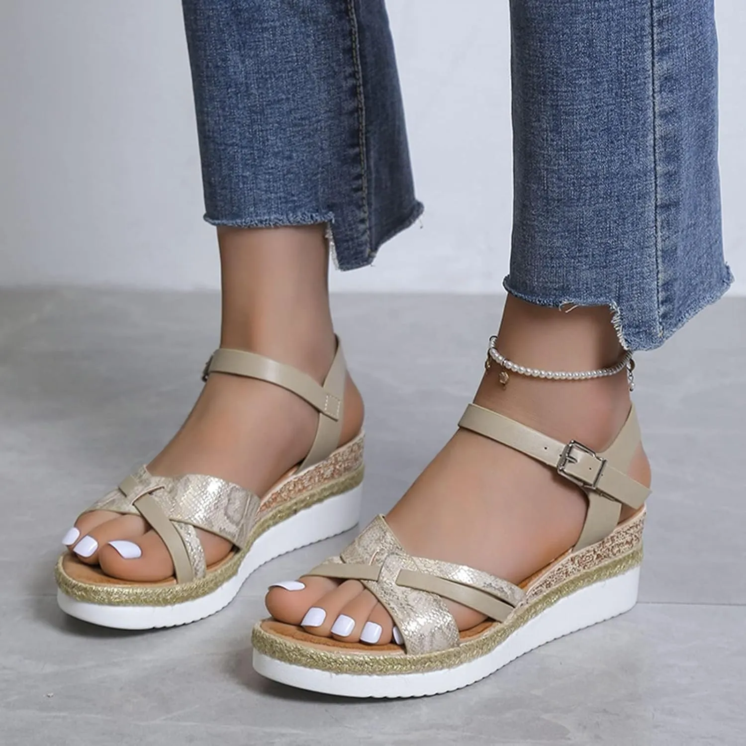 Thick Wedge Sandals, Open Toe Wide Width Sandals for Women Orthopedic Shoes Ladies Walking Sandal with Adjustable Ankle Strappy Office Work Shoes Espadrilles Wedges Beach Sandal