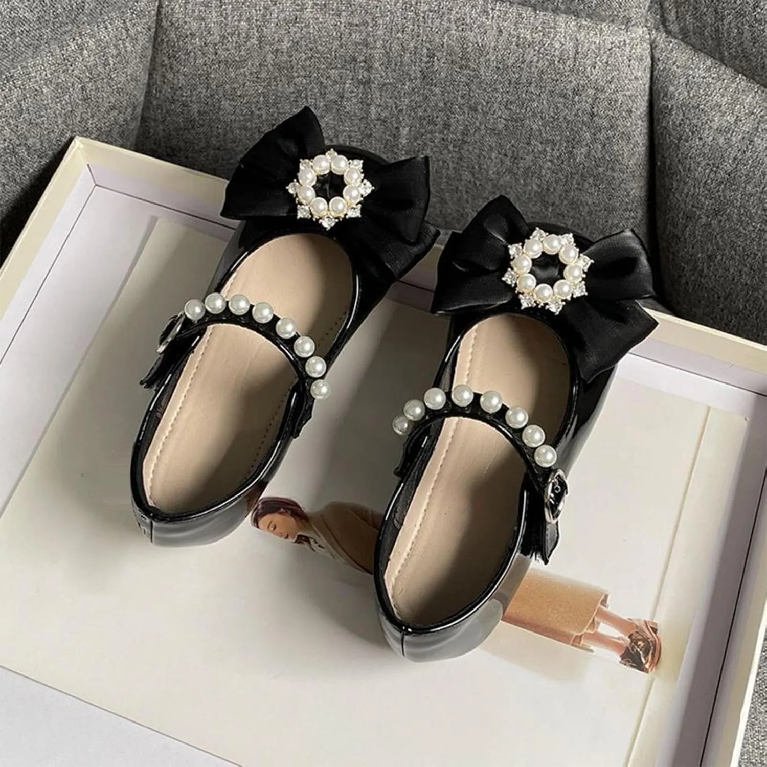 Toddler Girls Dress Shoes with Pearls Bow Mary Jane Flats Flower Girl Shoes for Wedding Party Shoes Ballet Shoes