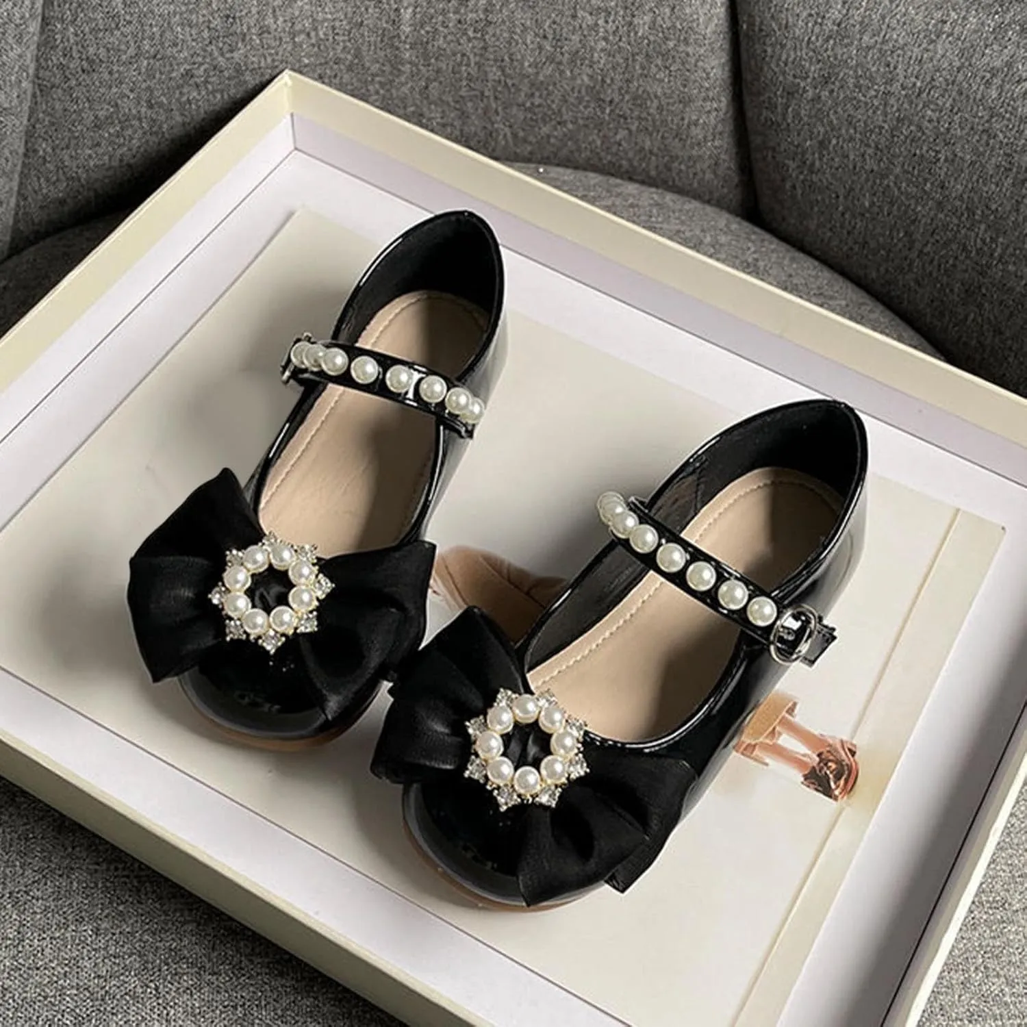 Toddler Girls Dress Shoes with Pearls Bow Mary Jane Flats Flower Girl Shoes for Wedding Party Shoes Ballet Shoes