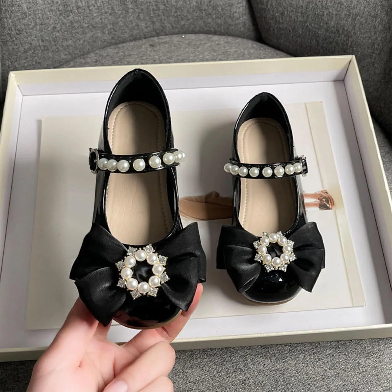 Toddler Girls Dress Shoes with Pearls Bow Mary Jane Flats Flower Girl Shoes for Wedding Party Shoes Ballet Shoes