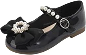 Toddler Girls Dress Shoes with Pearls Bow Mary Jane Flats Flower Girl Shoes for Wedding Party Shoes Ballet Shoes