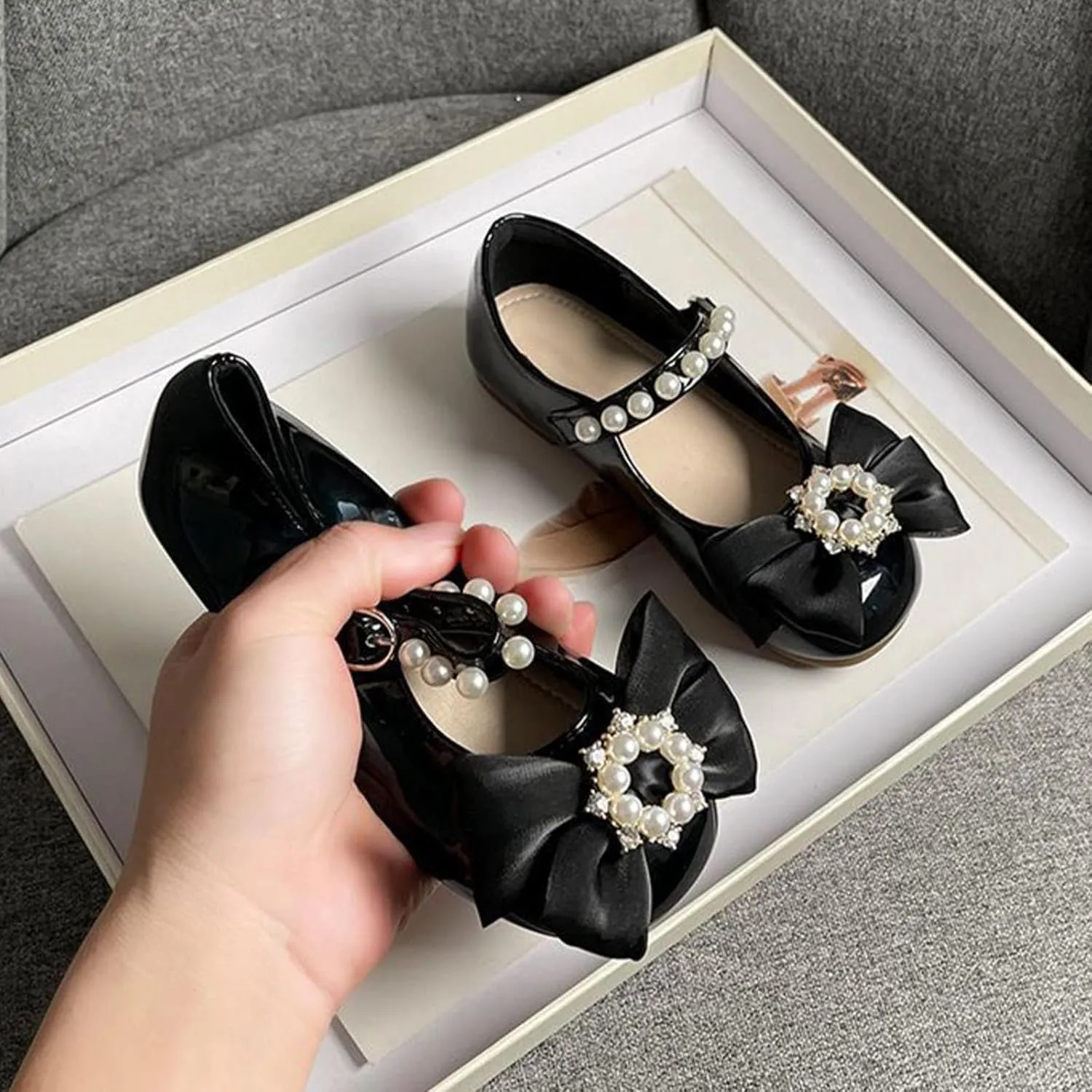 Toddler Girls Dress Shoes with Pearls Bow Mary Jane Flats Flower Girl Shoes for Wedding Party Shoes Ballet Shoes