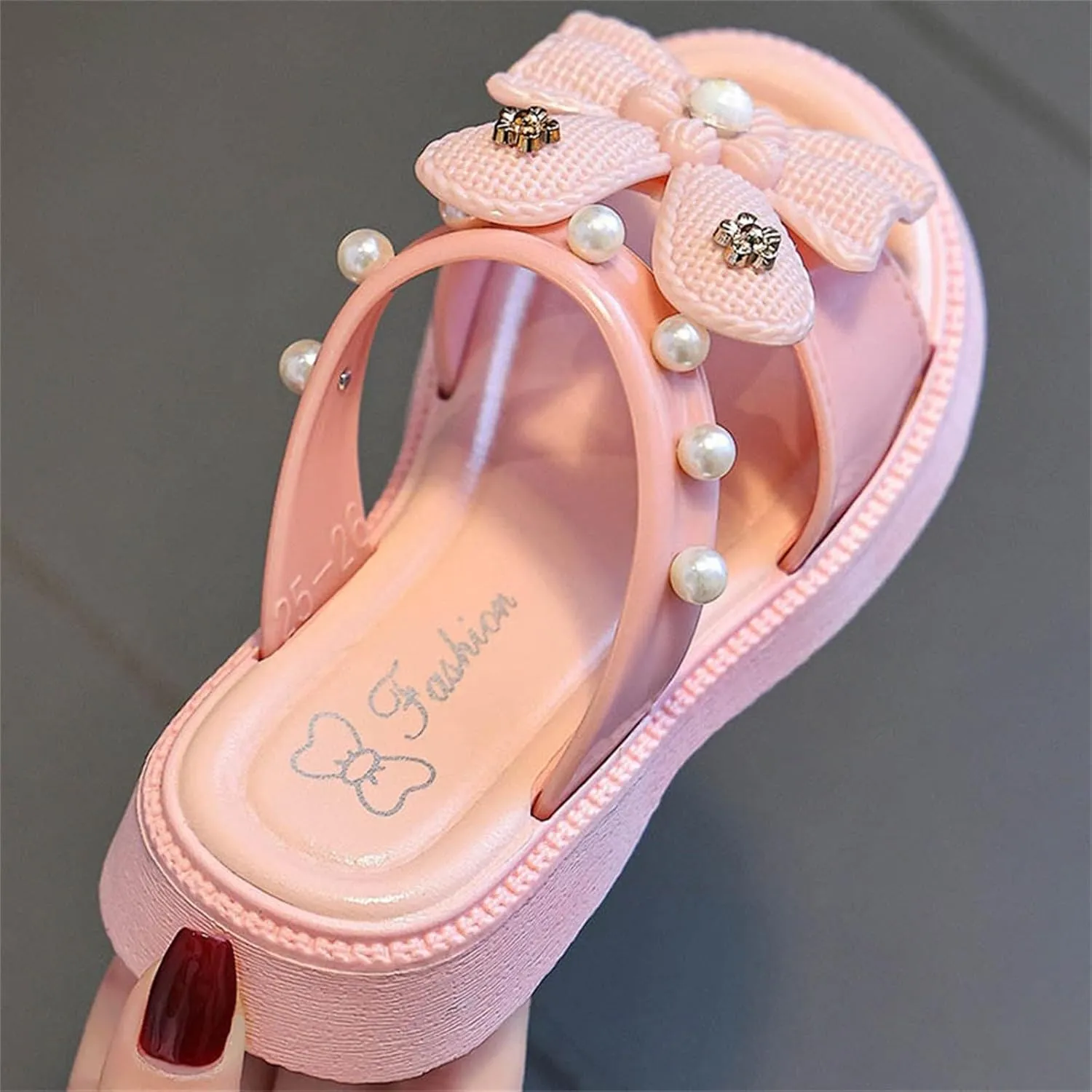 Toddler Girls Sandals Slippers Glitter Pearls Bow Square Toe Sandals Girls Summer Slide Sandal with Backstrap