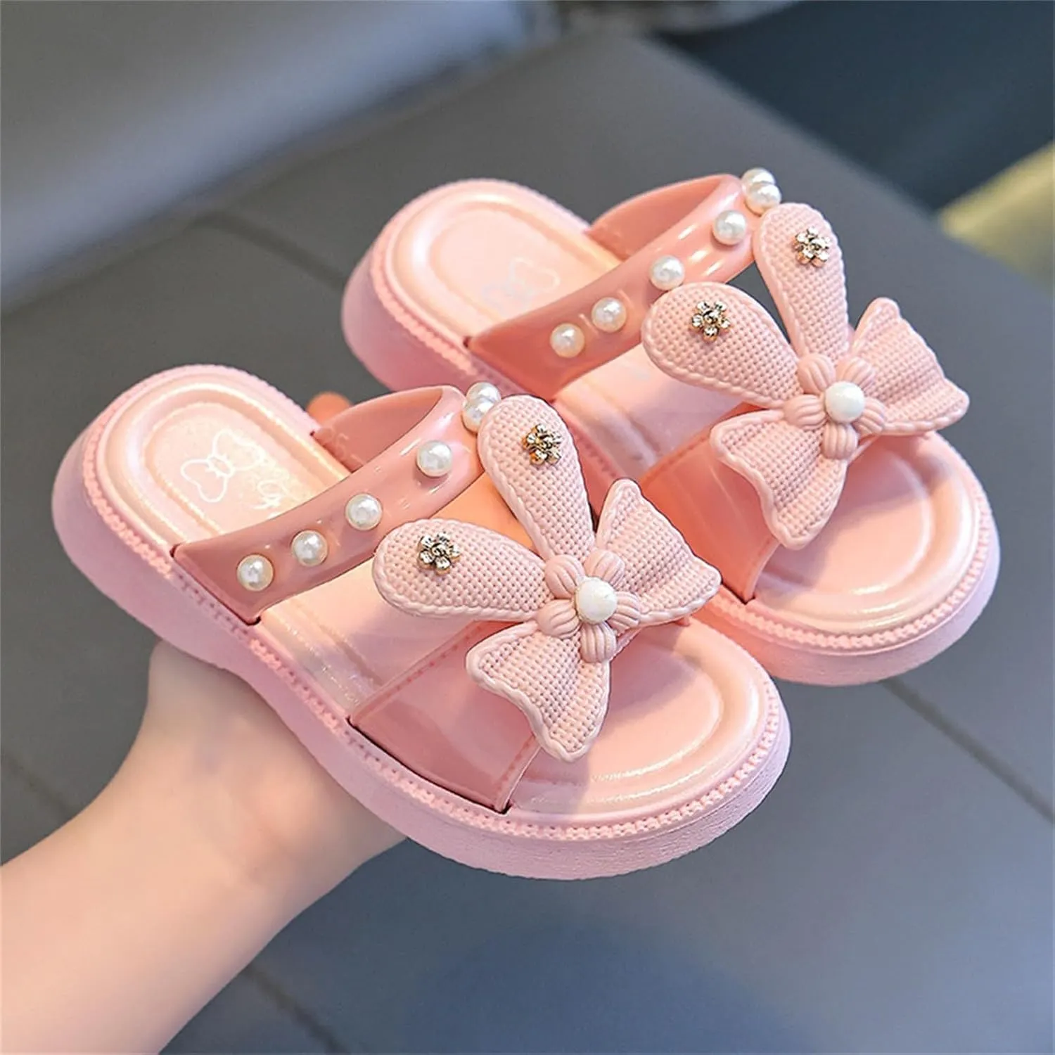 Toddler Girls Sandals Slippers Glitter Pearls Bow Square Toe Sandals Girls Summer Slide Sandal with Backstrap