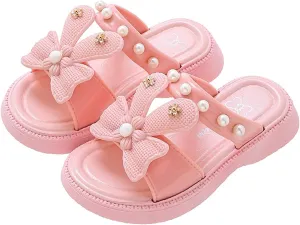 Toddler Girls Sandals Slippers Glitter Pearls Bow Square Toe Sandals Girls Summer Slide Sandal with Backstrap