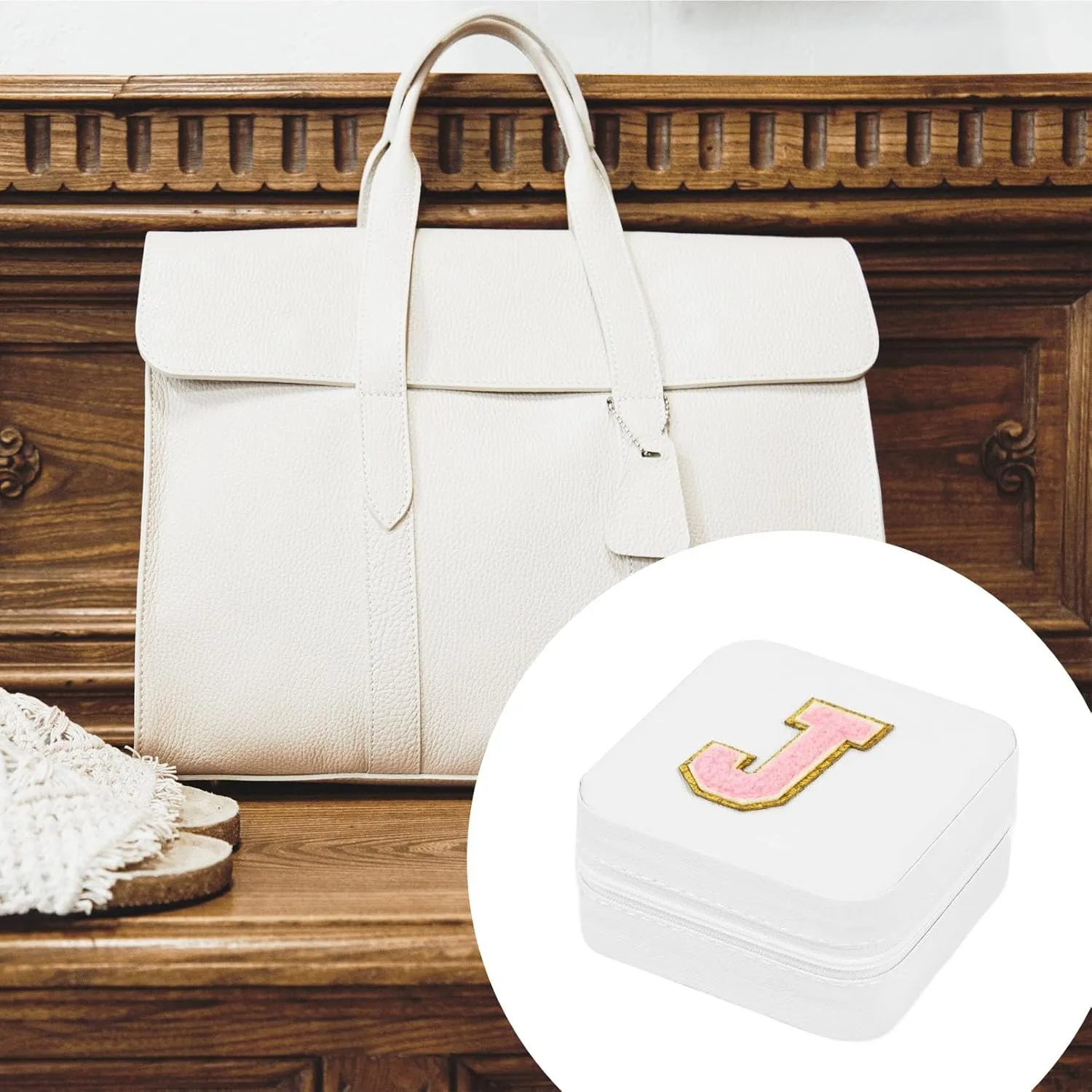 Travel Jewelry Case, Jewelry Organizer Box, Small Travel Jewelry Holder Personalized Birthday Gift Women Girls Teens White Earring Necklace Organizer Case with Mirror Initial R