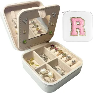 Travel Jewelry Case, Jewelry Organizer Box, Small Travel Jewelry Holder Personalized Birthday Gift Women Girls Teens White Earring Necklace Organizer Case with Mirror Initial R