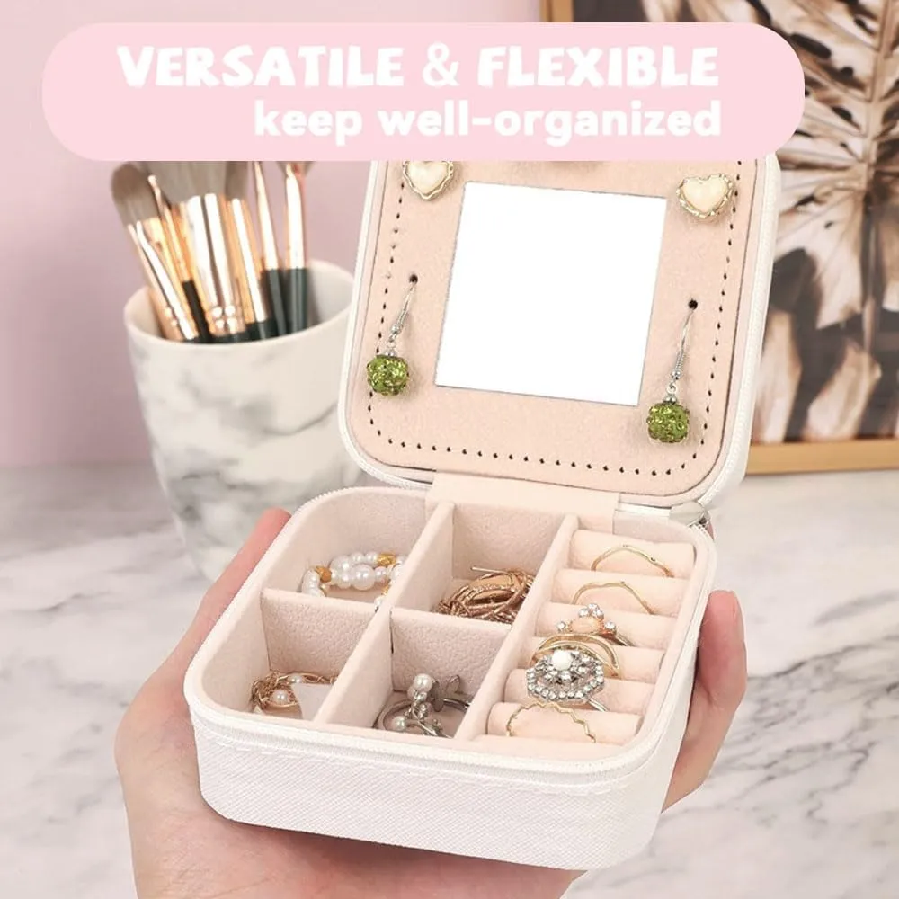 Travel Jewelry Case, Jewelry Organizer Box, Small Travel Jewelry Holder Personalized Birthday Gift Women Girls Teens White Earring Necklace Organizer Case with Mirror Initial R