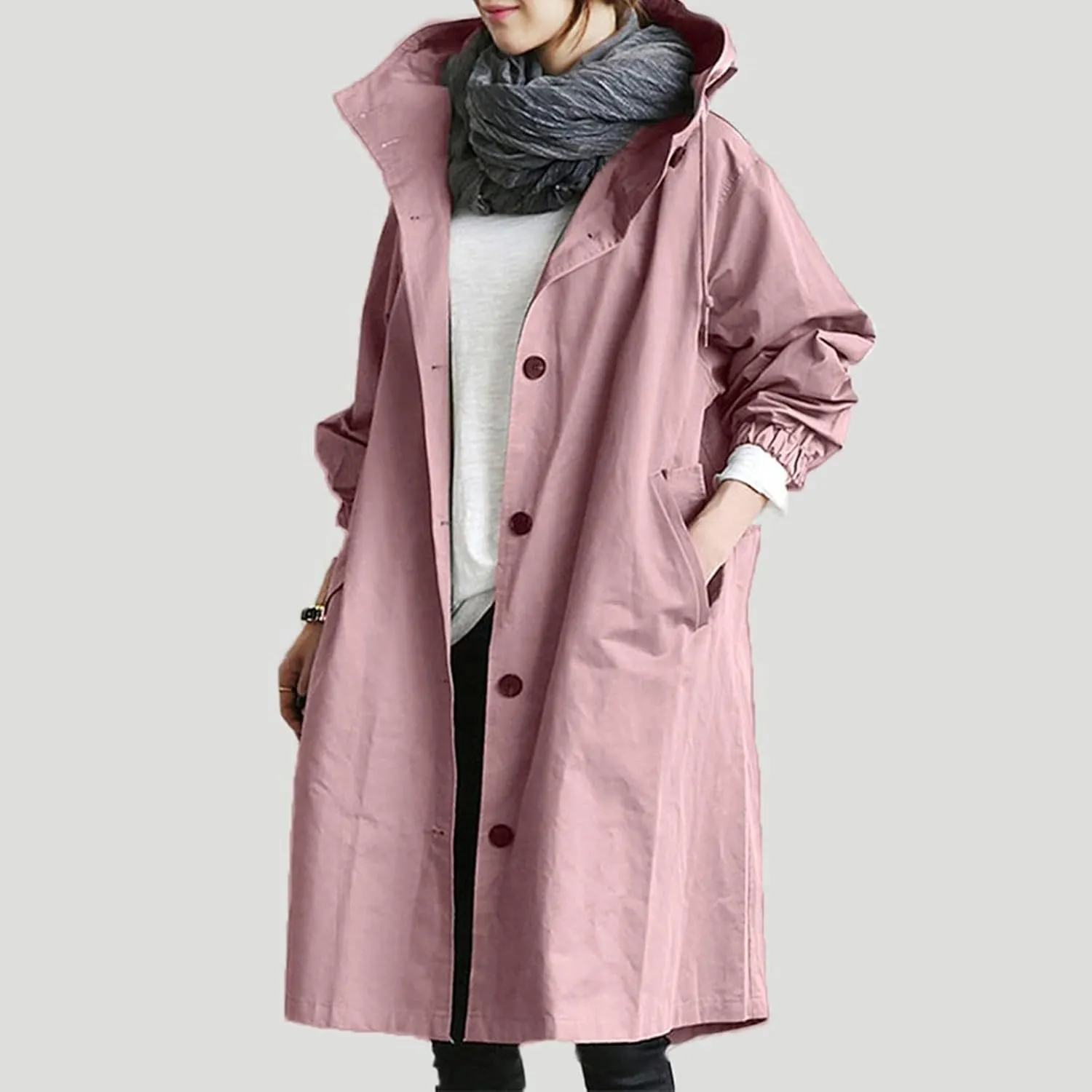 Trench Coat for Women 2023 Long Sleeve Solid Color Button Down Hooded Jacket Windproof Lightweight Plus Size Warm Clothes