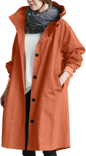 Trench Coat for Women 2023 Long Sleeve Solid Color Button Down Hooded Jacket Windproof Lightweight Plus Size Warm Clothes