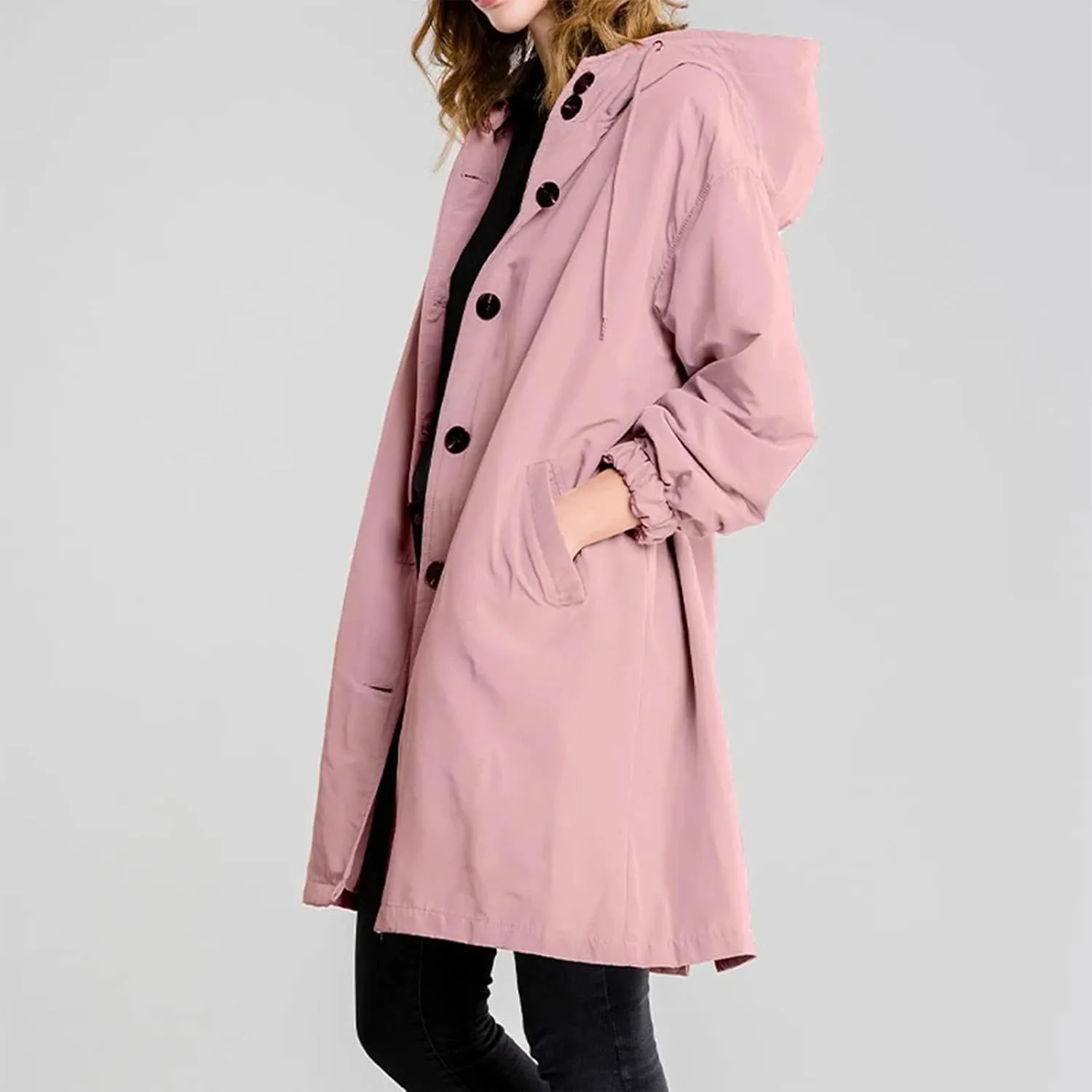 Trench Coat for Women 2023 Long Sleeve Solid Color Button Down Hooded Jacket Windproof Lightweight Plus Size Warm Clothes