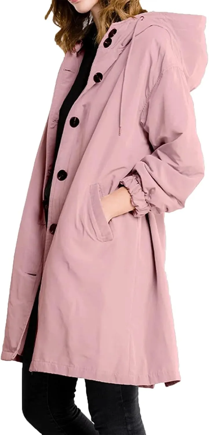 Trench Coat for Women 2023 Long Sleeve Solid Color Button Down Hooded Jacket Windproof Lightweight Plus Size Warm Clothes