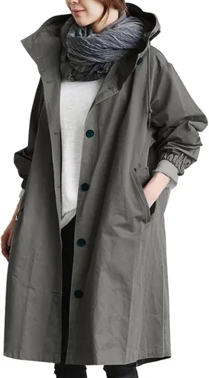 Trench Coat for Women 2023 Long Sleeve Solid Color Button Down Hooded Jacket Windproof Lightweight Plus Size Warm Clothes