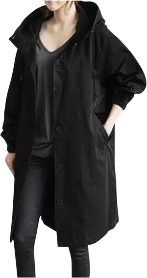 Trench Coat for Women 2023 Long Sleeve Solid Color Button Down Hooded Jacket Windproof Lightweight Plus Size Warm Clothes